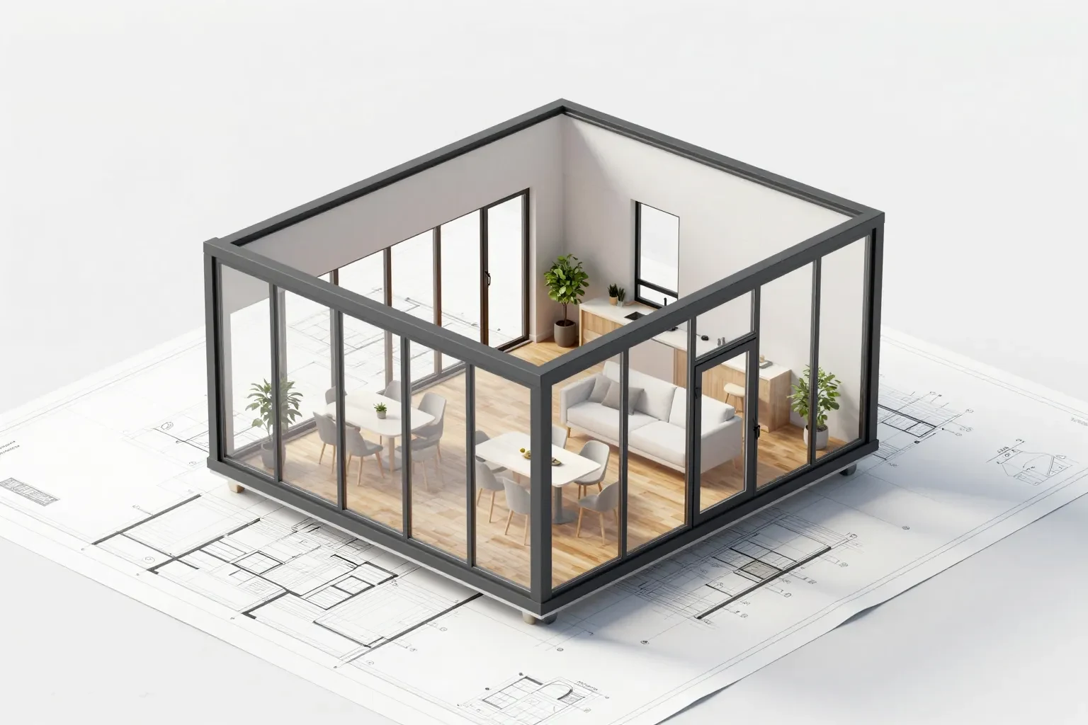 Isometrisches 3D-Modell des Glashauses im Schnitt auf einem Bauplan — Glasfassade, Holzboden, möblierter Innenraum