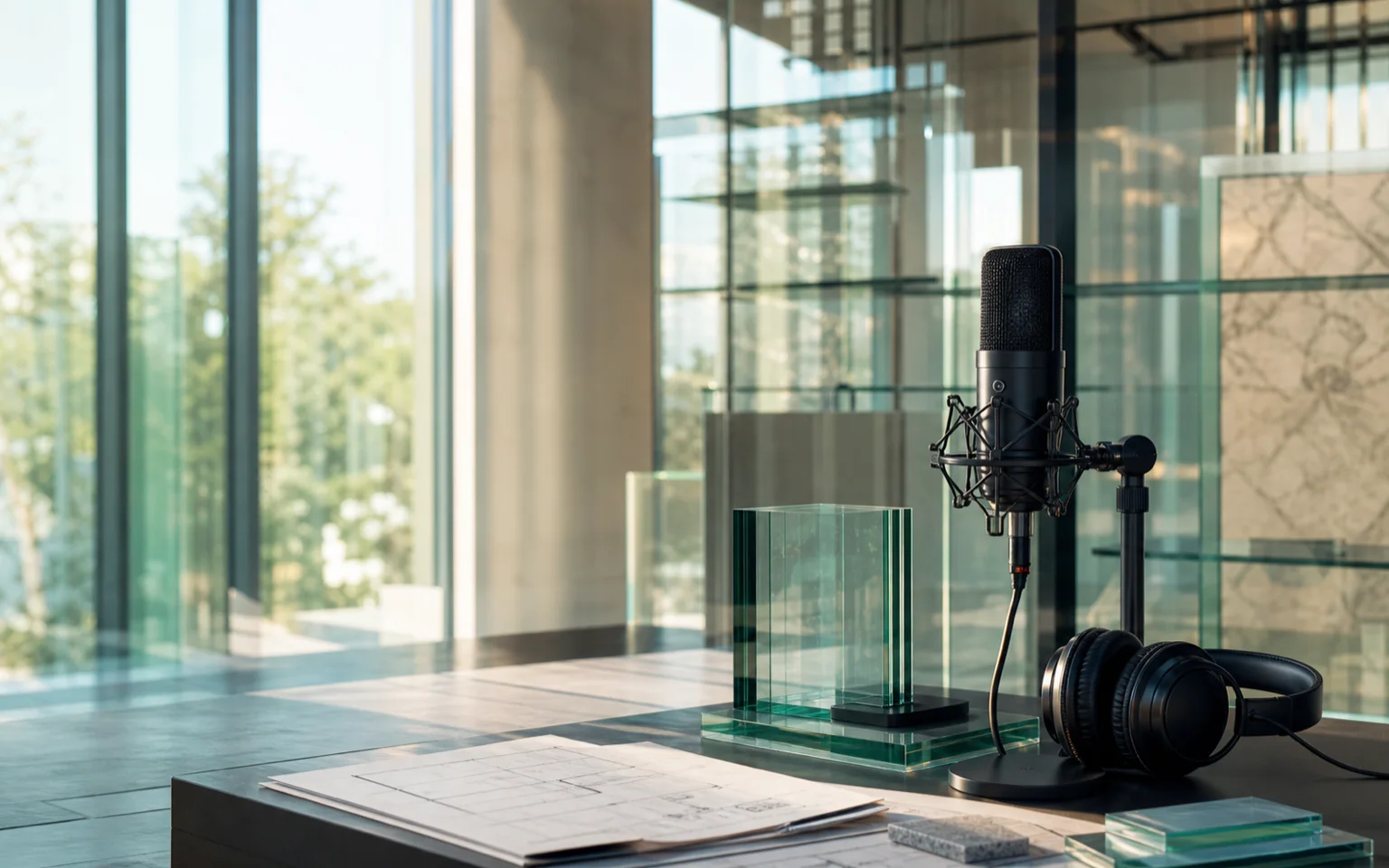 Podcast-Mikrofon, Kopfhörer und Glasproben in einem hellen Architekturstudio