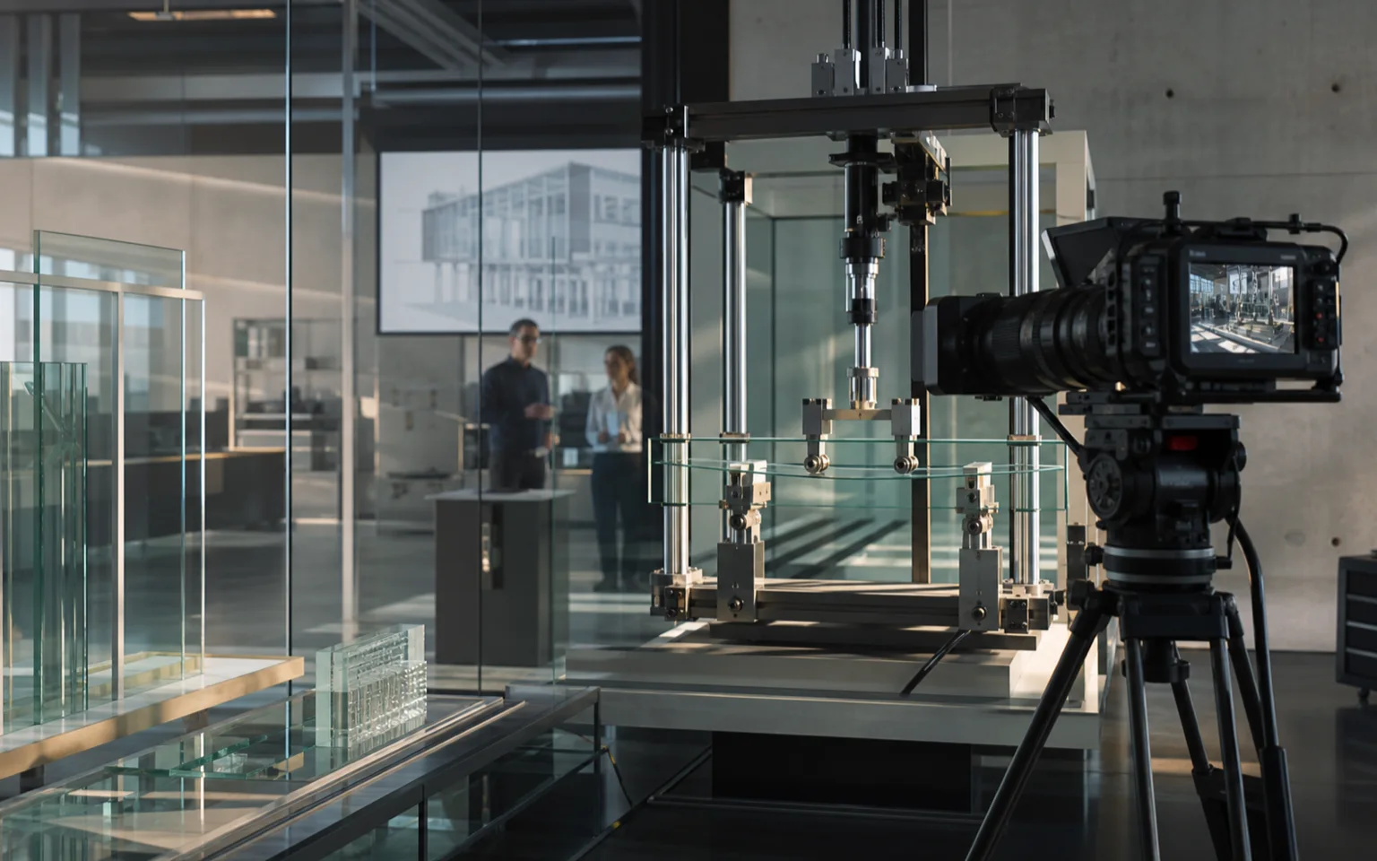 Kamera bei der filmischen Dokumentation einer Glasprüfung im Labor