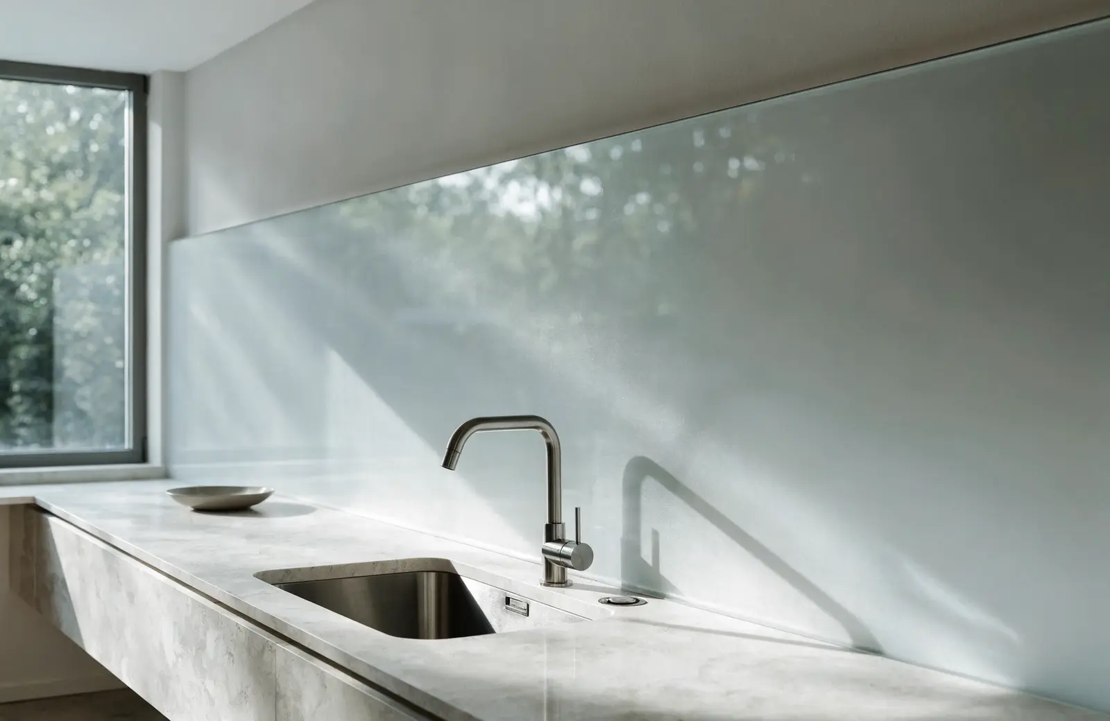 Fugenlose Küchenrückwand aus satiniertem Glas hinter einer modernen Küchenzeile