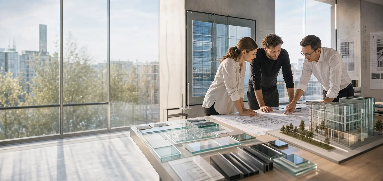 Beratungssituation mit Architekt:innen, Glasmustern und Plänen in einem hellen Projektraum